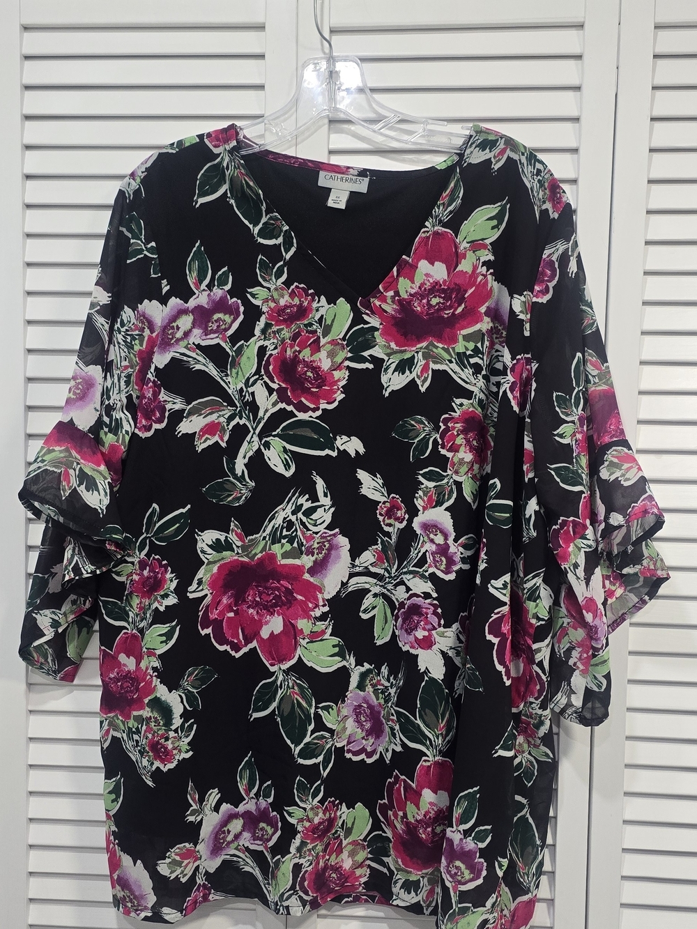 Catherines Black Floral V-Neck Flutter Sleeve Tunic - Pink & Green